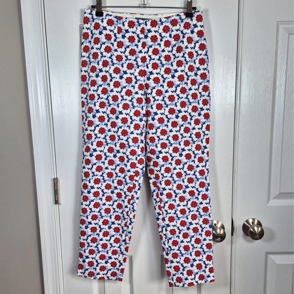 NEW Lands' End red white blue floral print slim leg capri pants women's 4‎
